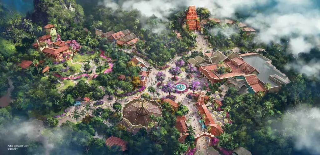Ariel artist concept of a possible layout for the new "Tropical Americas" reimagining of Dinoland USA at Animal Kingdom