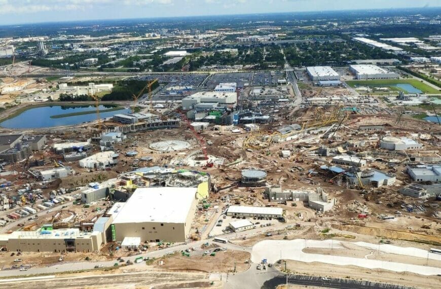 Looking down on the Epic Universe construction site from a few hundred feet in June 2023