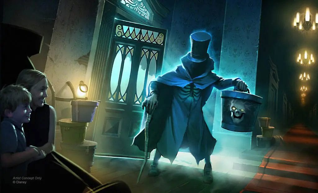 Artist concept image showing the Hatbox Ghost in a Haunted Mansion scene