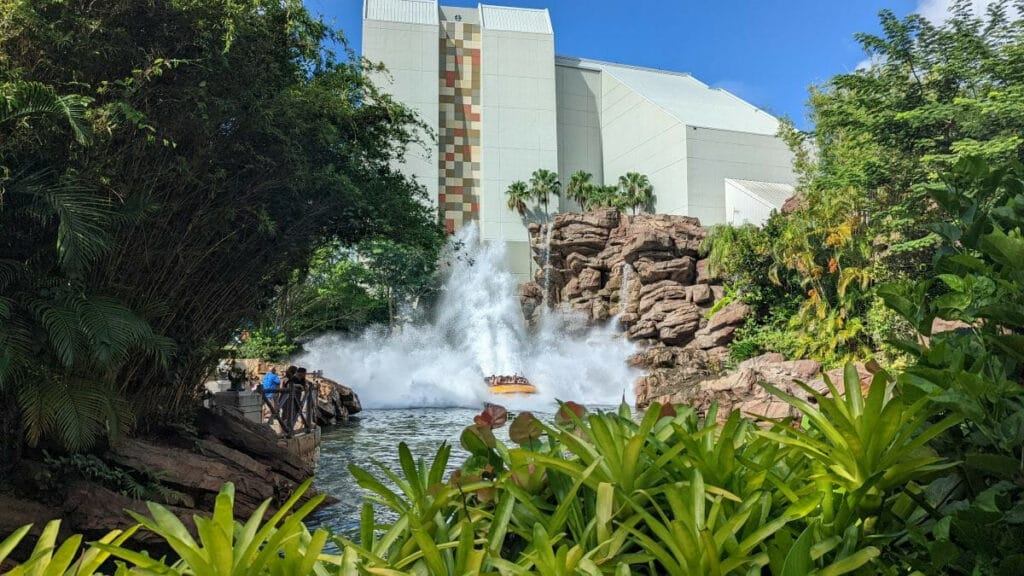 A River Adventure ride car splahing down afte rthe 85 foot drop.