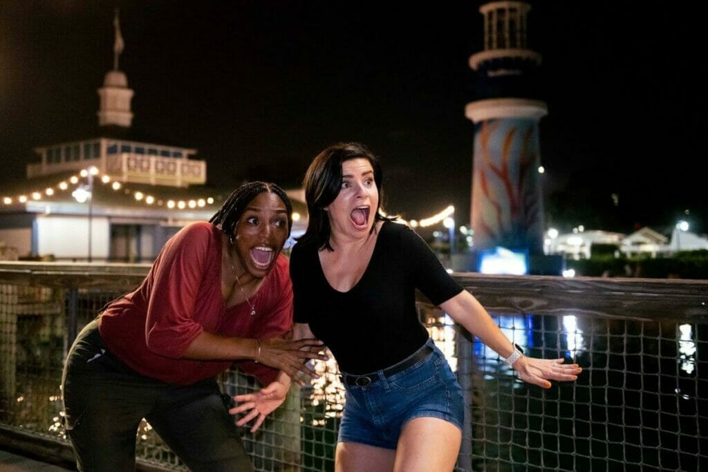 SeaWorld guests jumping in fear at scares in the night at Howl-O-Scream