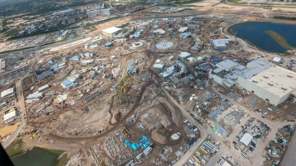 An arial image of the Epic Universe construction site in June 2023 without the land labels added in an image further down this article.