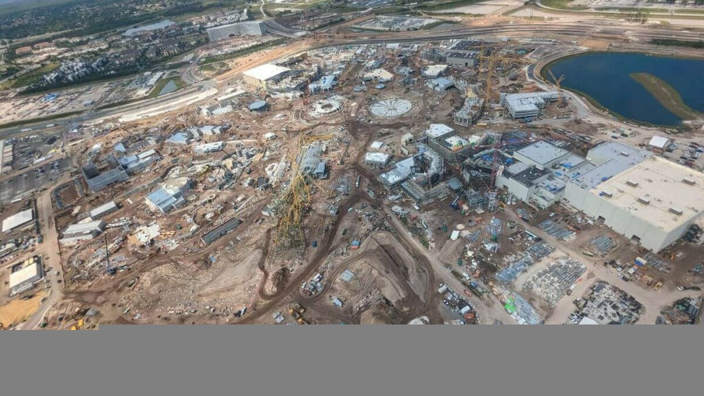 An arial image of the Epic Universe construction site in June 2023 without the land labels added in an image further down this article.