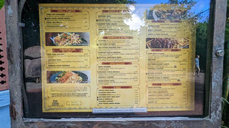 A menu board in Animal Kingdom. Prices for most items on this menu have now increased.