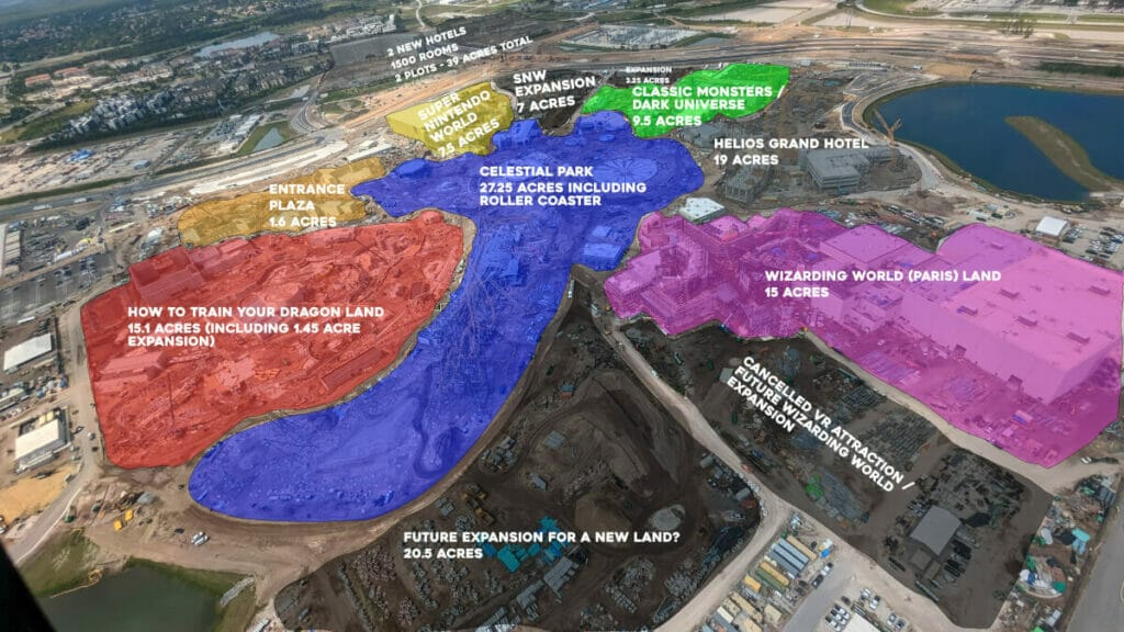 An arial image of the Epic Universe construction site with labels for the new lands taken in June 2023 when I flew over it on a helicopter tour of the Orlando theme parks.
