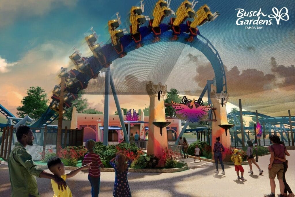 Artist impression of a high banked turn on Phoenix Rising over a paved area in the Pantopia area of the park