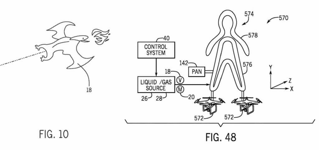 Patent Image filed by universal showing a possible use of drones and puppetry that could allow dragons to fly over the Isle Of Berk area.
