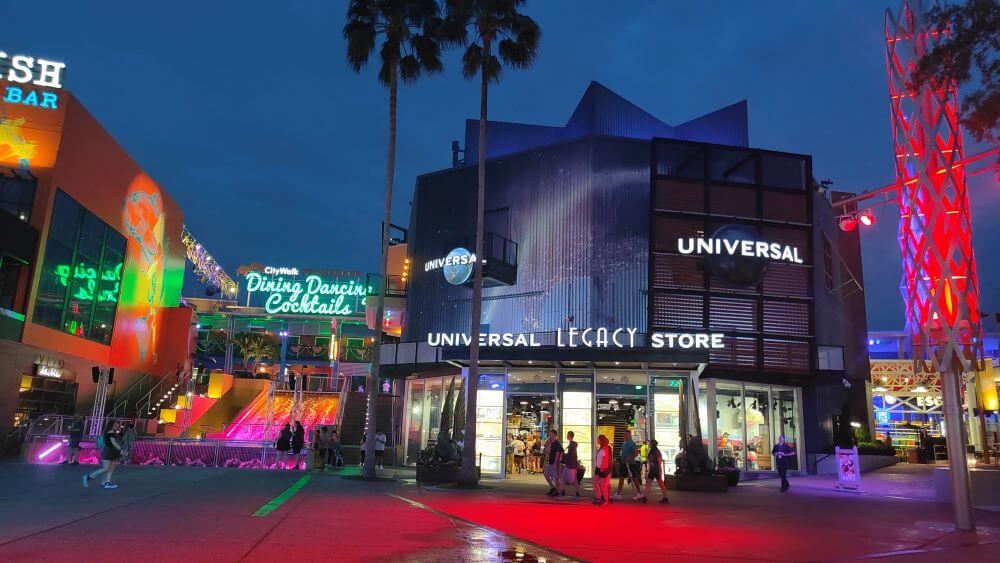 Universal Legacy Store lit up at night