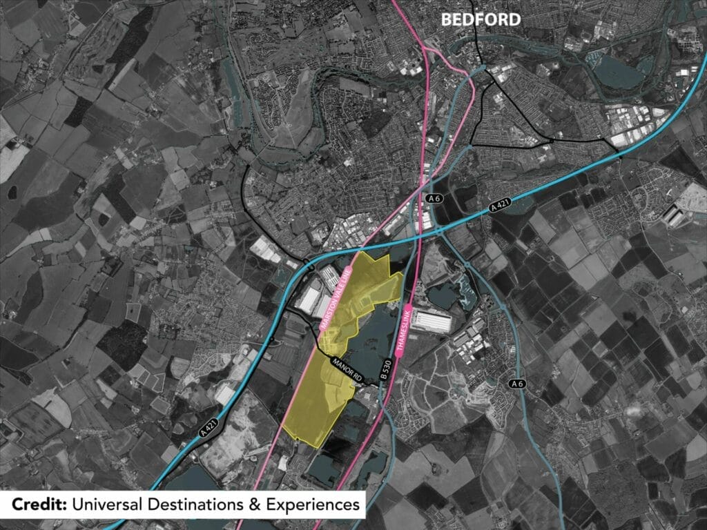 Aeriel image with Comcasts land purchase highlighted in yellow. The total amount of land purchased so far is around 480 acres.