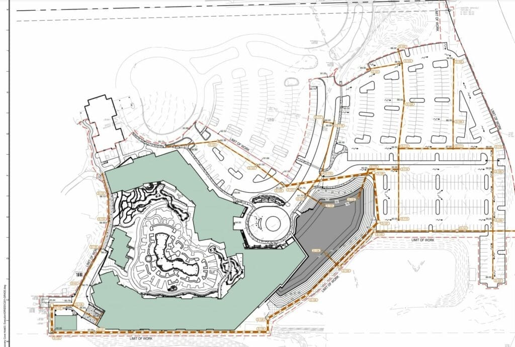 A site olan overview showing the shape and outdoor leisure area of Seaworld's Project Canopy