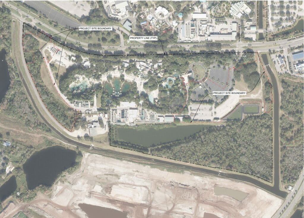 Overlay of the plans for Project Canopy, Seaworld's second onsite hotel over a google maps image of the area