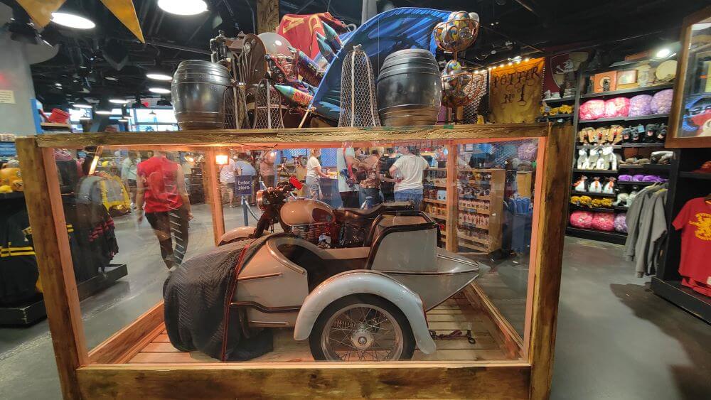 A motorbike sidecar used in filming the Harry Potter series on display in the Universal Tribute Store