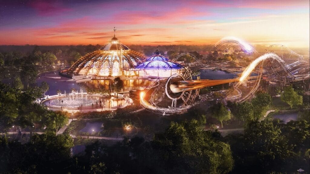 Dramatic pre visualisation of Starfall Racers at sunset looking out over Constellation Carousel on the other side of Celestial Park
