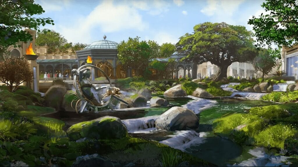 Pre visualisation of one of the green spaces in Epic Universe with slow moving water cascading down a lush green environment.