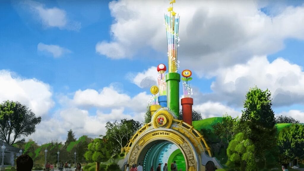 Pre visualisation of te Super Nintendo World portal entrance in Epic Universe with colourful warp pipes and stars