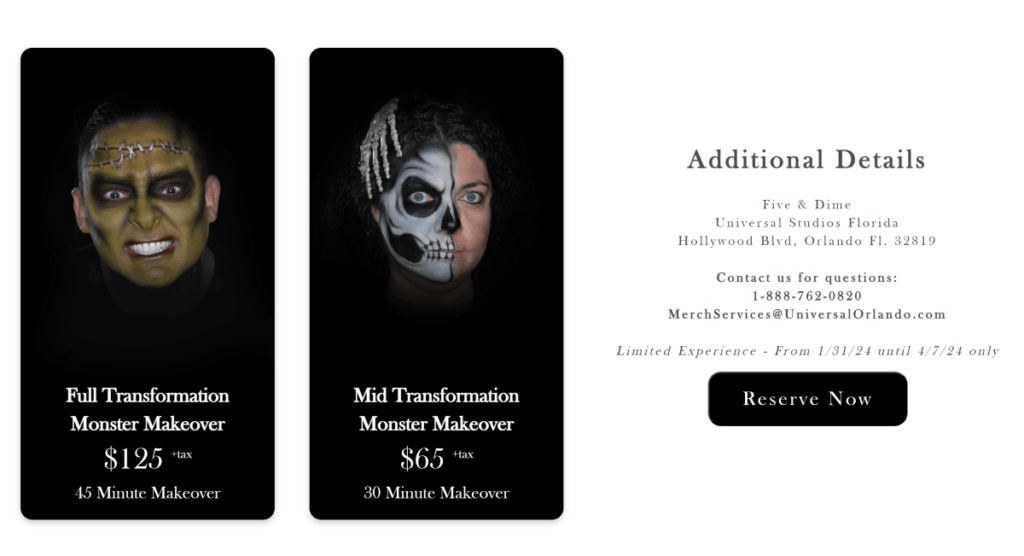 Screenshot of the Monster Makeover upcharge experience page on the Universal Orlando website.