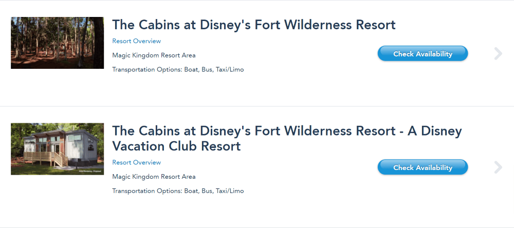 Screenshot showing Wilderness Lodge Cabins with 2 catergorisations