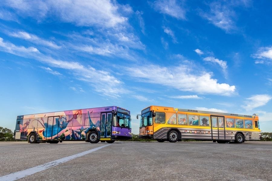Two of Disney's new buses wrapped in colourful Ratatouille and Zootopia characters with more on the way soon.