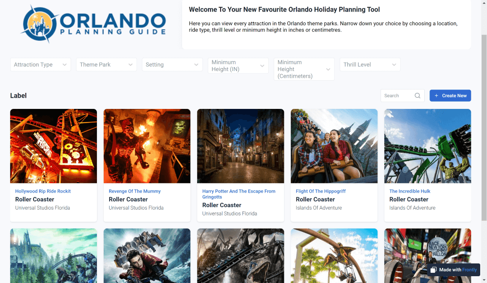 Screenshot of my Orlando Attractions Selector which lets you filter all main theme park attractions by height, location and more.