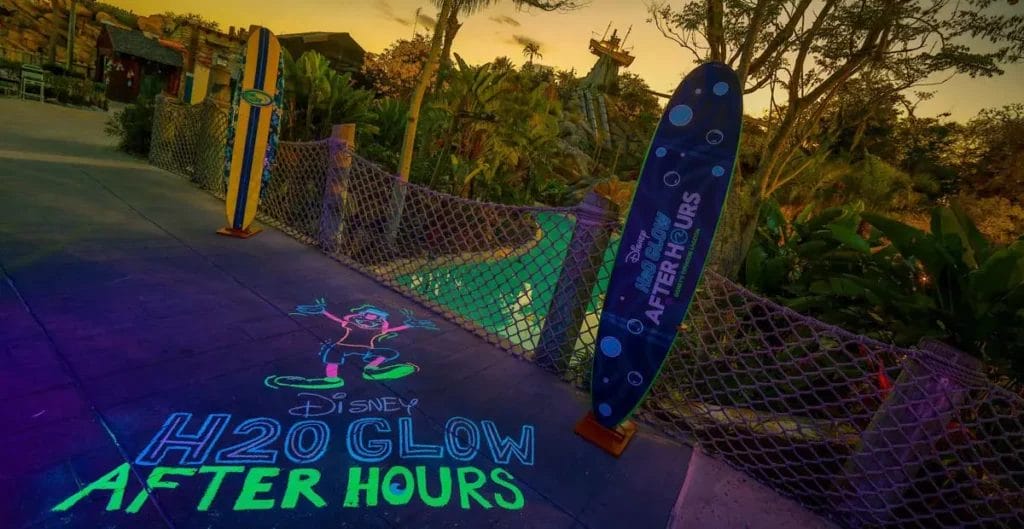 Typhoon Lagoon advertising H20 Glow After Parties at sunset
