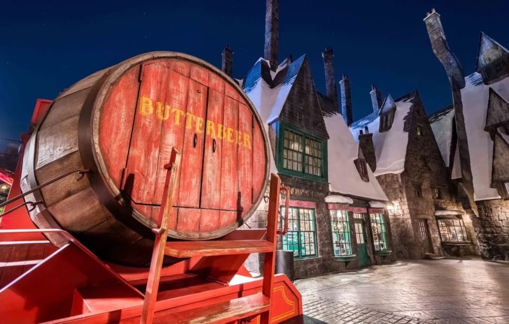 A Butterbeer barrel at night in a deserted Hogsmead