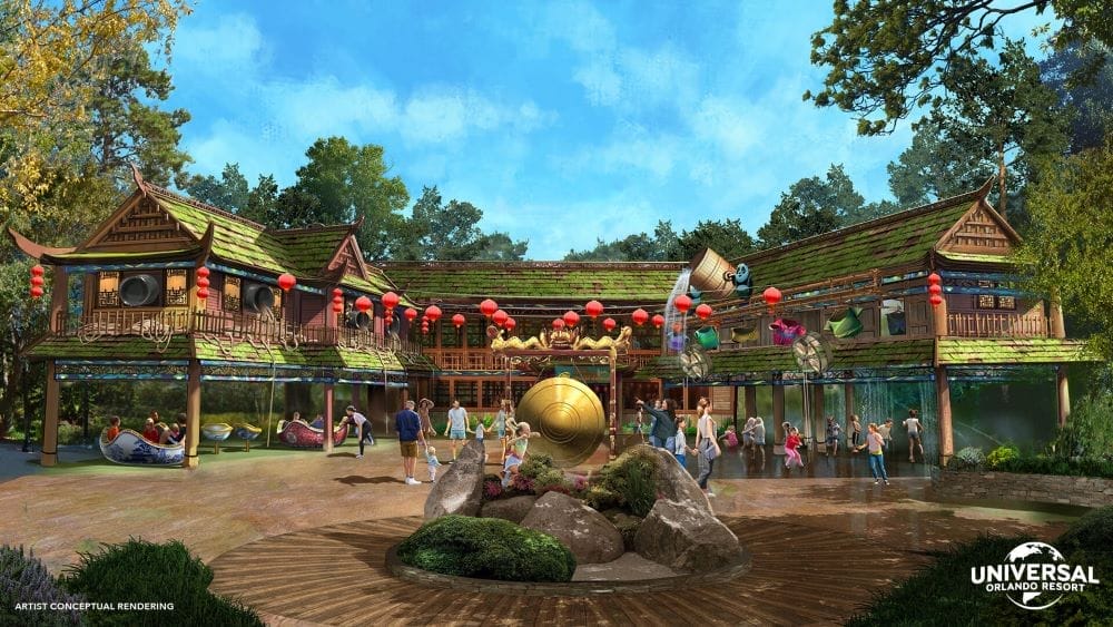 Concept image showign Panda Village in Dreamworks Land with red lanterns, a bucket dumping water and a ornamental gong in the middle