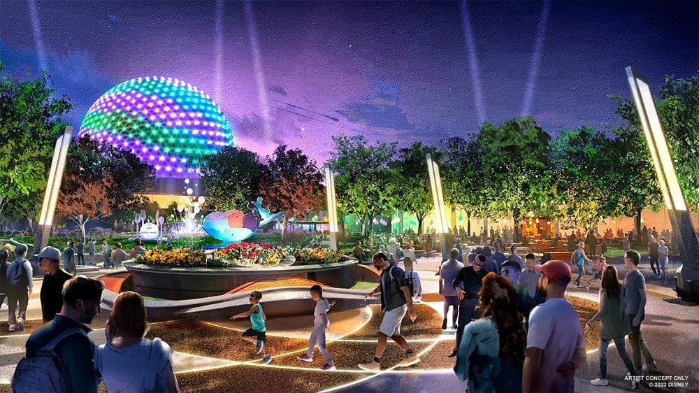 Concept image of the outside of CommuniCore  Hall & Plaza with lights reaching up into the sky.