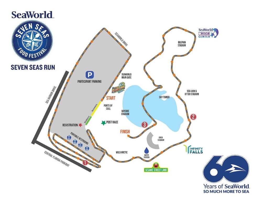 Course layout fo the inaugural Seven Seas Fun Run showing the track looping around the car park before finishing iside Seaworld itself.