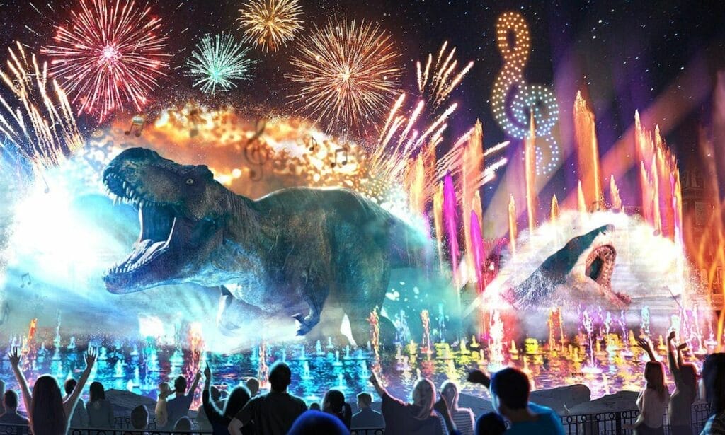 Artist impression of how CineSational: A Symphonic Spectacular will look with projected characters, fountains, fireworks and drones all happening at the same time. 