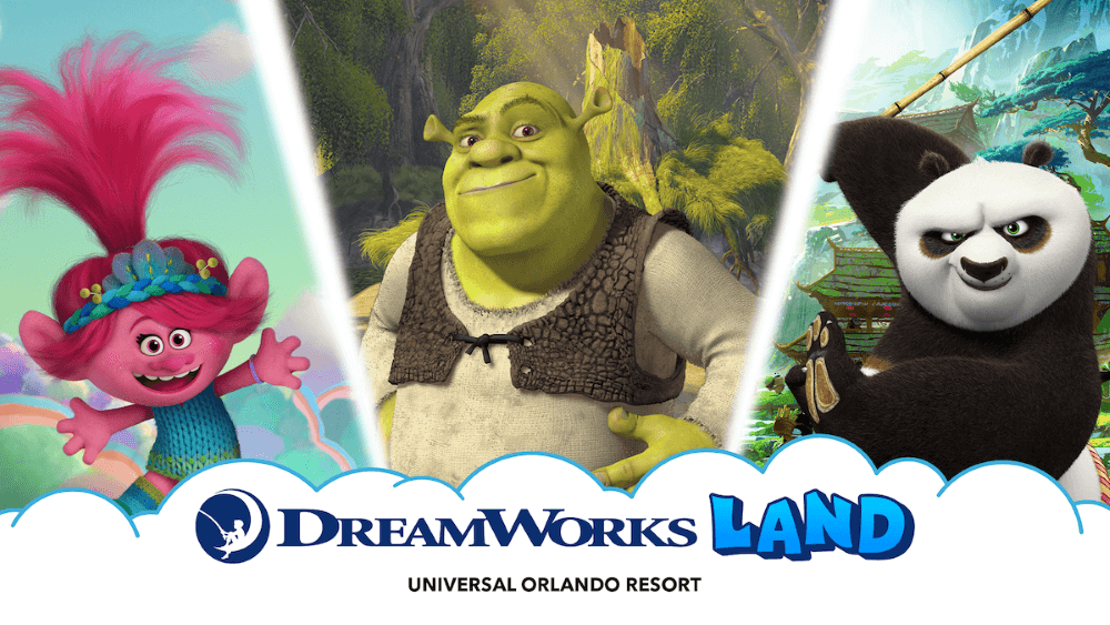 Composite Image showing Trolls, Shrek and Kung Fu Panda above teh Dreamworks Land logo