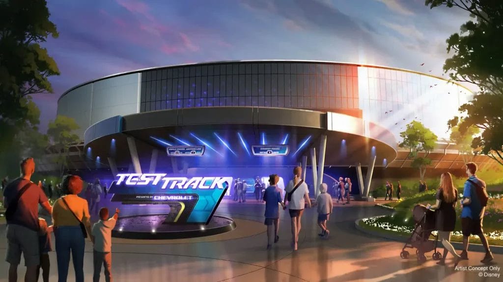 New Concept Art showing the updated front of Test Track when it opens after it's third main renovation in neary 25 years. Image © Disney