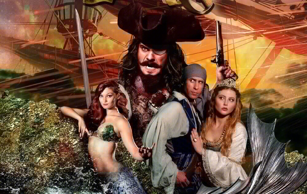 Composite image of characters from Pirates Dinner Adventure new show in front of a pirate ship.