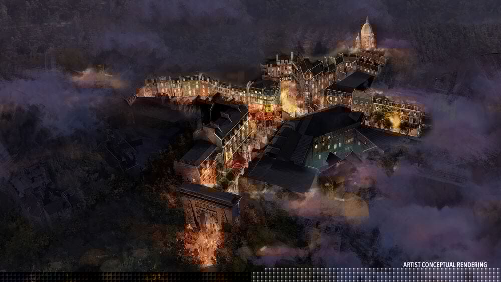 Looking down over a dramatised Wizarding World Ministry Of Magic outdoor area.