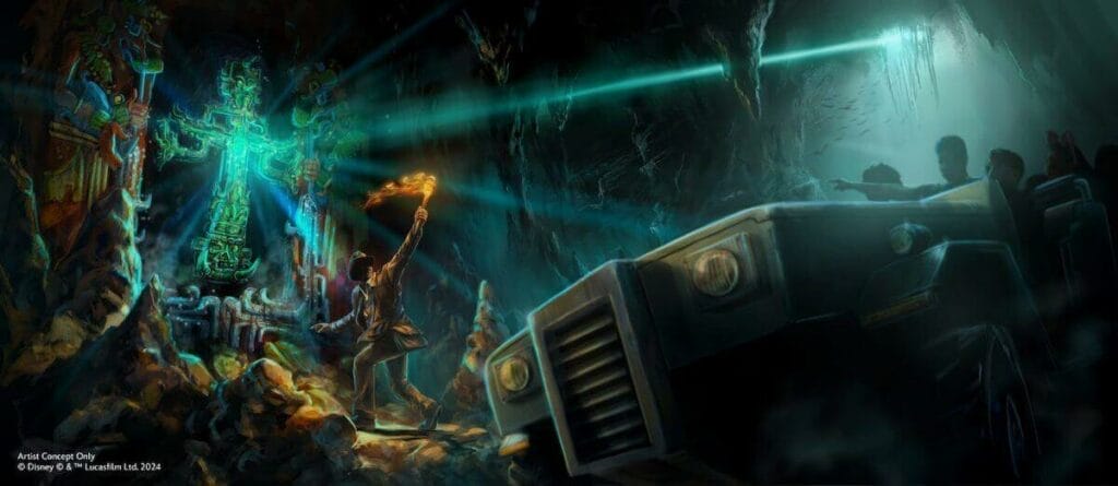 Artist impression of a scene of the new Indiana Jones Adventure re-theme of DINOSAR dark ride showing Indiana Jones holding a flame in an abandoned temple with a glowing light