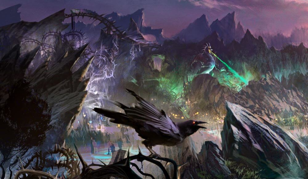 A zoomed in concept image of the original Villains Land reveal showing a crow cawing in front of a stylised backdrop of the new villains land with Maleficent as a dragon breathing green fire.
