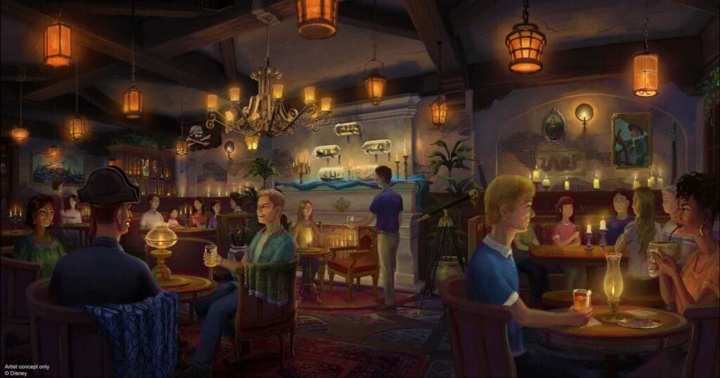 Conceptua image of the new smaller, more personal seating area in the new Pirates Of The Caribbean lounge with visitors sitting at smaller round tables.