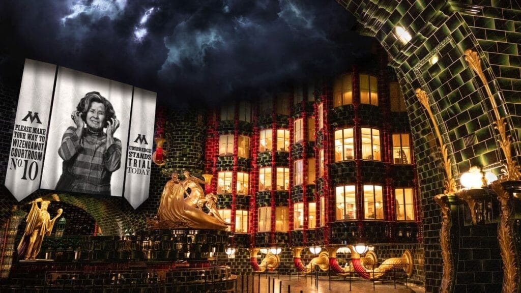 Arriving into the Grand Atrium of the Ministry Of Magic. A screen showing Delores Umbridge in the back and the enchanted weather ceiling above us.