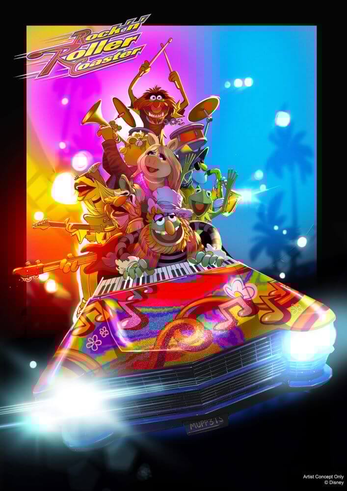 New Poster for The Muppets taking over Rock N Roller Coaster showing them in a colourful stretch limo.