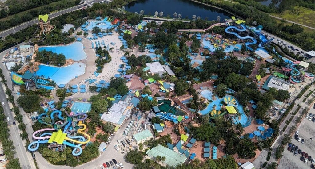 Comparing Orlando ticket brokers 2025 - a birds-eye view of Aquatica by Seaworld from 3,000ft up on a helicopter tour of the parks.