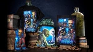 Dark Universe apparel including t-shirst and bags bearing Dracula, Wolfman and Frankenstein's Monster