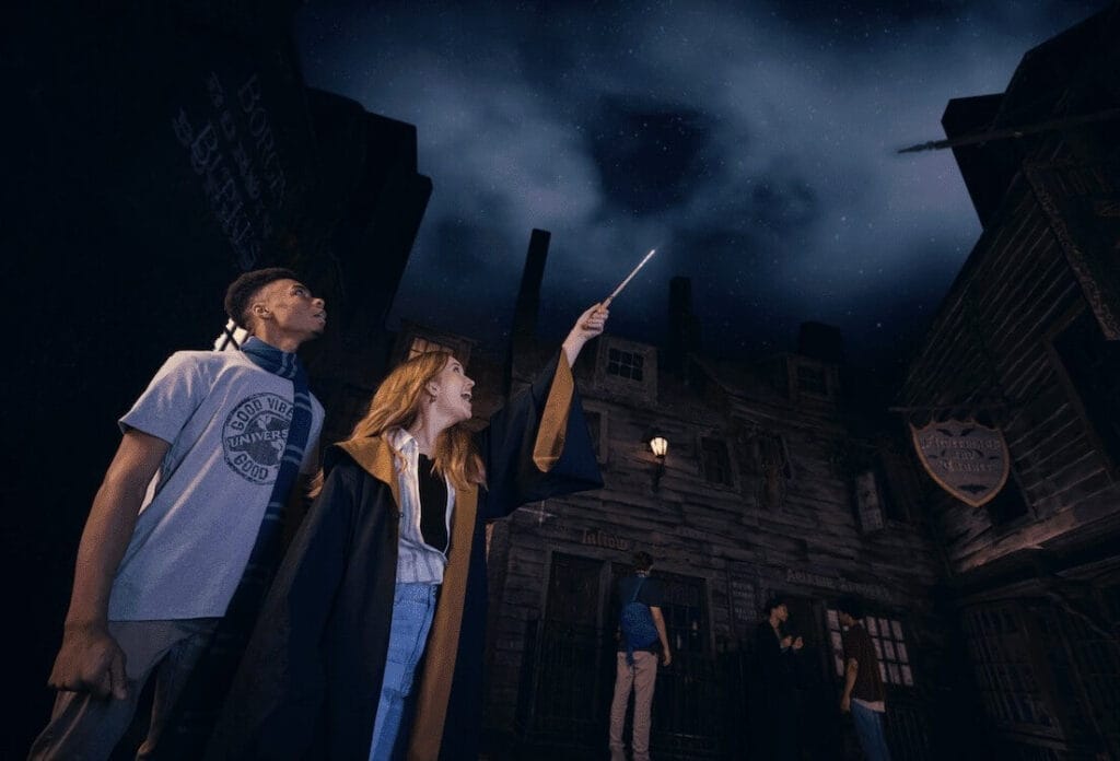 Guests casting a calming spell in Knockturn Alley.