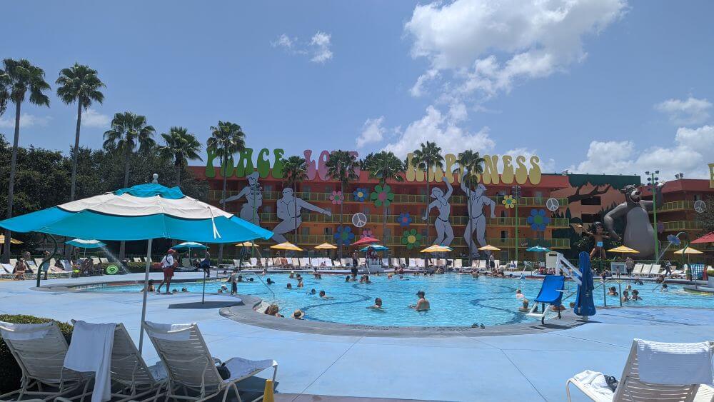 Looking out over the pool of the Pop Century Resort.