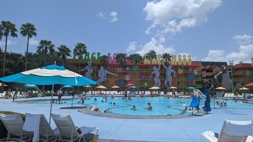 Looking out over the pool of the Pop Century Resort.