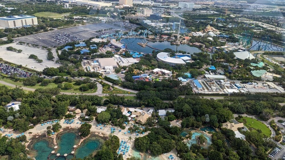 Flying over Seaworld and Discovery Cove.