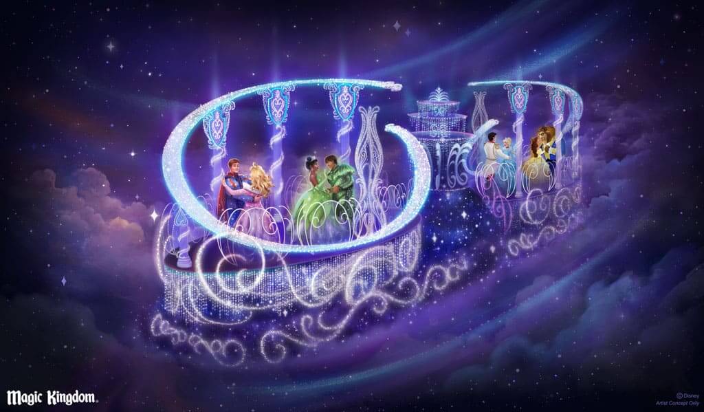 Disney Princesses Starlight Parade float rendering with whimsicle columns of light around dancing princes and princesses