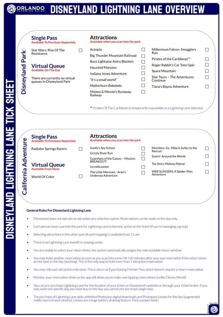 a checklist of all Lightning Lane Single Pass, Multi Pass and Virtual Queue attractions in Disneyland California